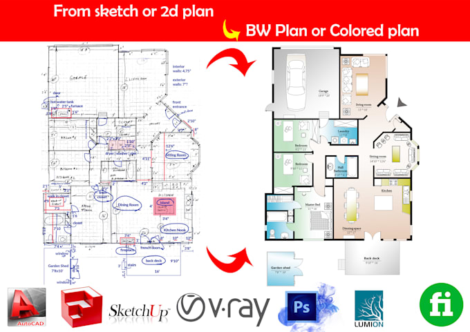 create architectural 2d drawing floor plan in autocad, 3d floor plan