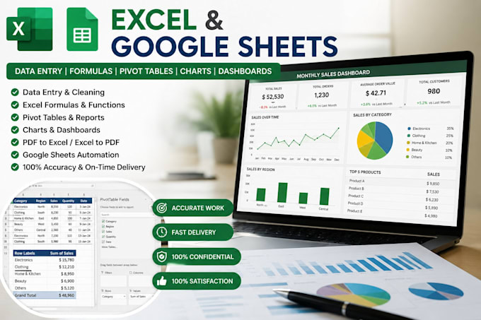 do microsoft excel, google sheets, data entry, formulas, reports, dashboards
