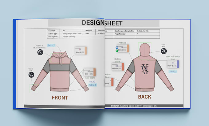create a hoodie tech pack and factory ready flat sketches
