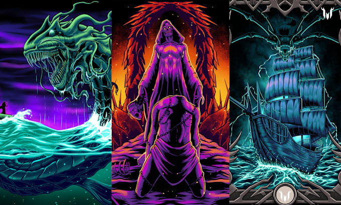 create hand drawn dark art illustration for covers and merch