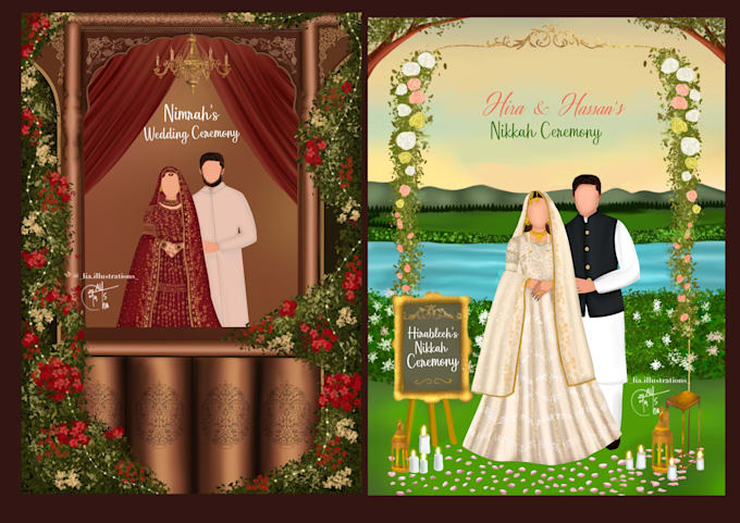 create couple wedding illustrations and invitations