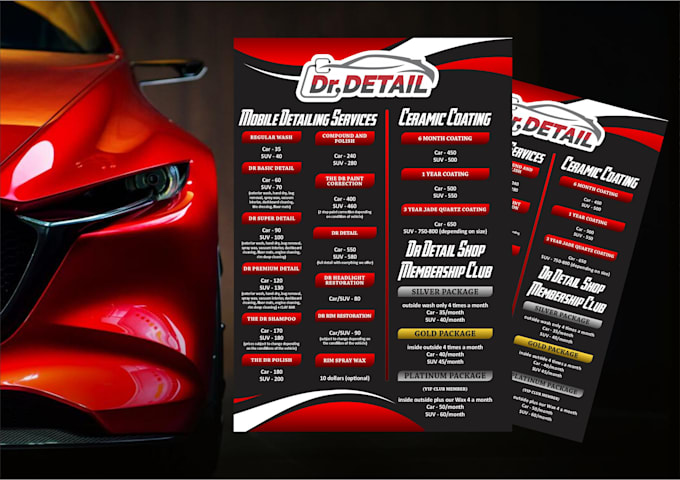 design salon, spa, gym price menu or price list