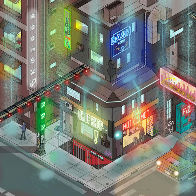 create isometric art in a cyberpunk style