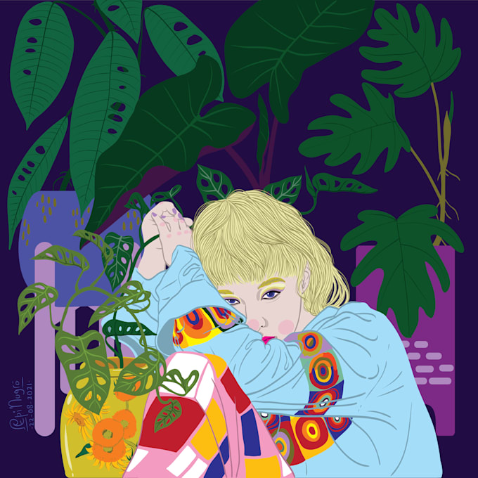 illustrate you and plants, colorful, flat art, pop art