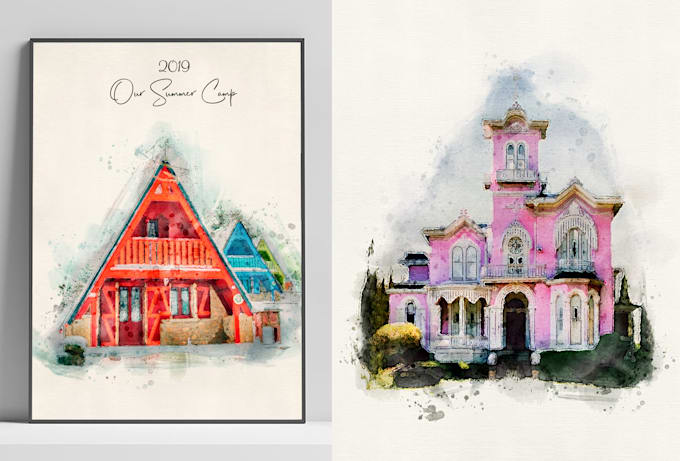 paint custom digital watercolor house, home building portrait illustrations