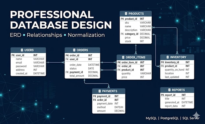 design database schema, erd and sql queries