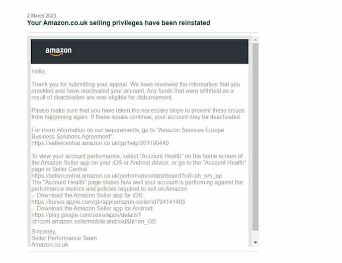 write appeal, poa for amazon account suspension, asin
