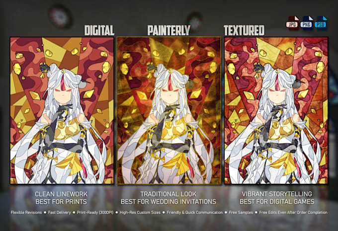 draw custom stained glass illustrations for prints and bookmarks