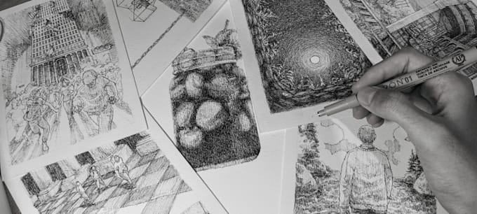 draw your concept in pen and ink lineswork, depicting abstract concept