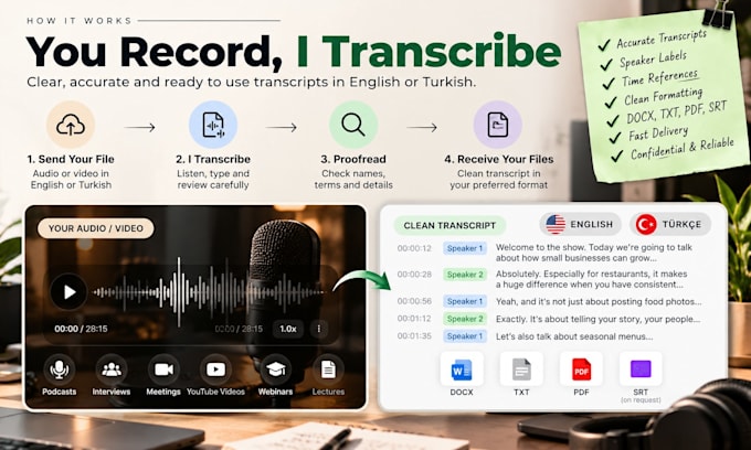 transcribe audio and video to text in english or turkish