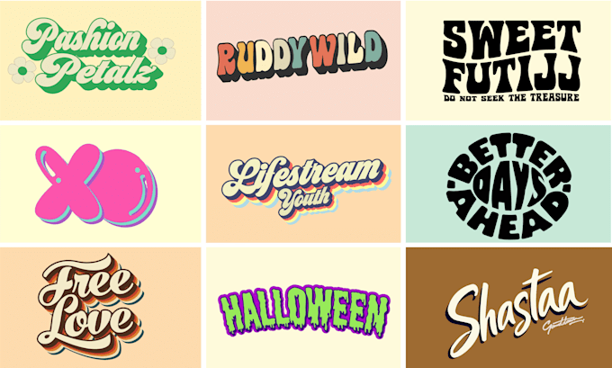 design 70s retro, hippie, psychedelic, funky font typography logo