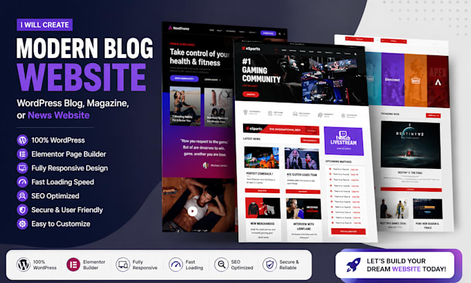 create a modern blog website, wordpress blog, magazine, or news website