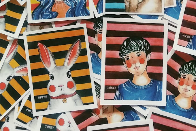 draw single portrait watercolor with stripe background