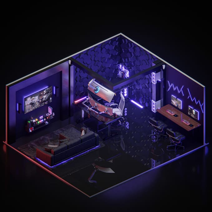 design a realistic 3d isometric gaming and streaming room