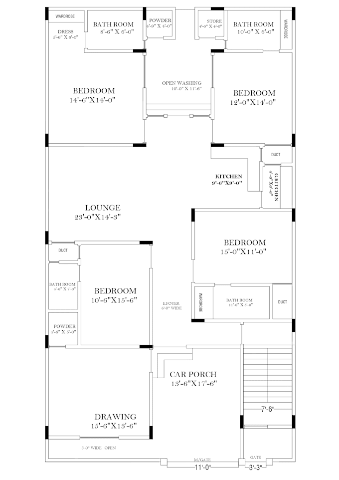 draft architectural 2d floor plan with elevation in autocad