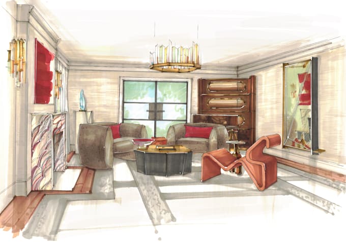 hand draw interior sketch, hand drawn marker render