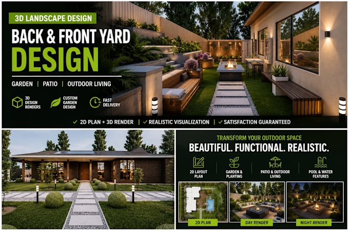design front yard backyard patio and garden landscape with 3d rendering
