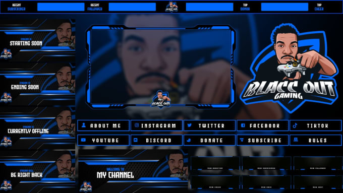 design animated twitch stream overlay kick logo, and emotes