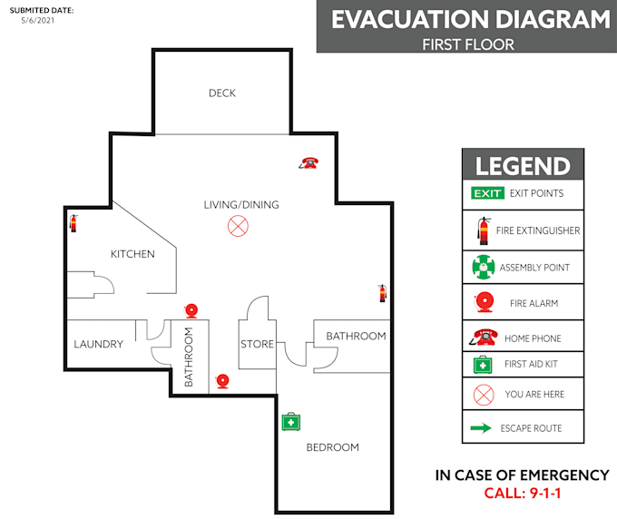 design fire emergency evacuation plan, diagram, document