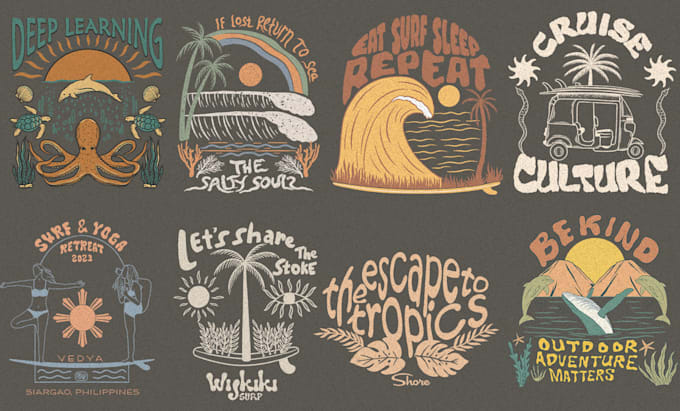 draw surf style, tropical style, vintage, artwork, for t shirt and merchandise