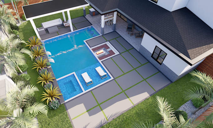 design 3d backyard, landscape, garden,pool,patio,deck design