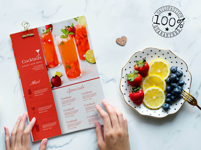 design a modern stunning restaurant menu, price list, digital menu, food flyer