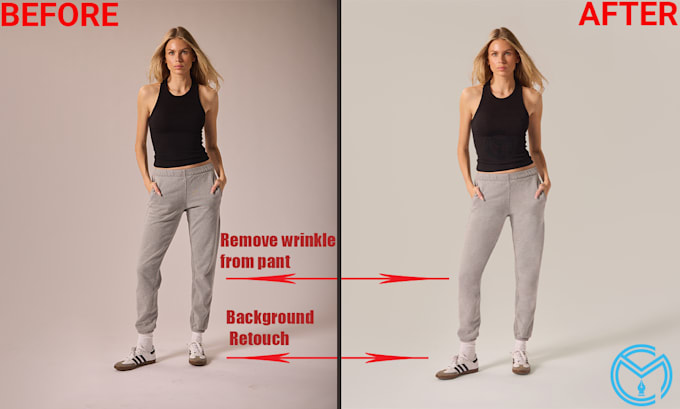 remove clothing wrinkle, retouch, extend studio background