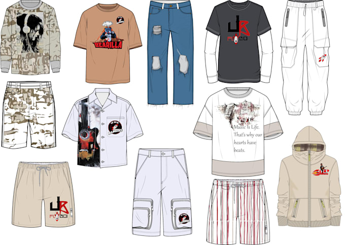 do garment technical sketch with color and print details