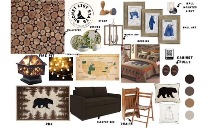 offer themed interior design mood board with a shopping list