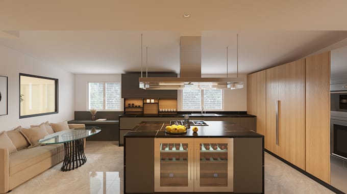 create a realistic 3d kitchen design and render