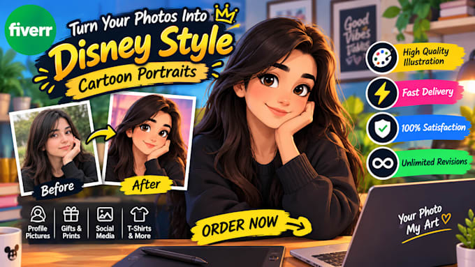 turn your portrait into a disney style cartoon illustration