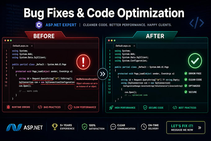 fix asp net c sharp bugs and build dotnet web applications