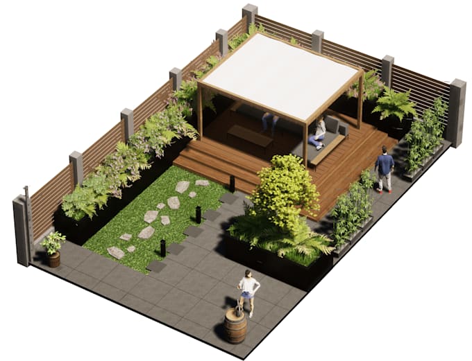design your landscape, garden, backyard, terrace, 3d realistic rendering