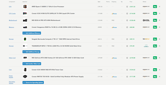 create a custom PC parts list