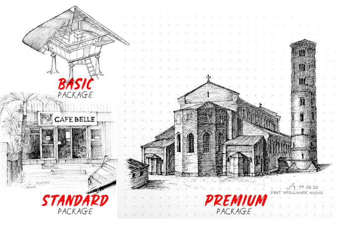 draw architectural or urban sketches by hand in pen and ink