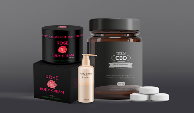 create packaging label and box designs with 3d render mockup