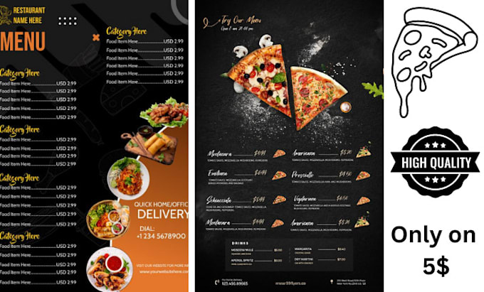 make a modern pizza restaurant menu, flyer, and brochure