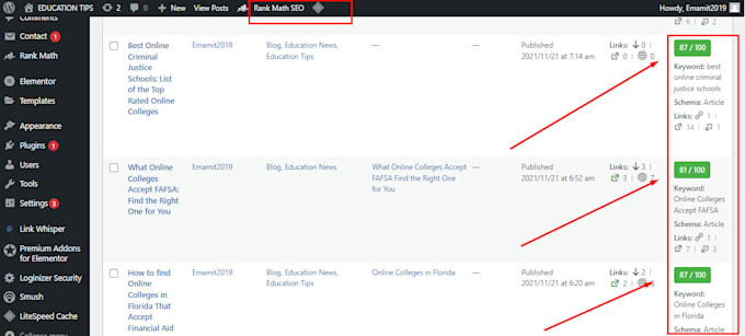 optimize your wordpress on page SEO with rank math or yoast