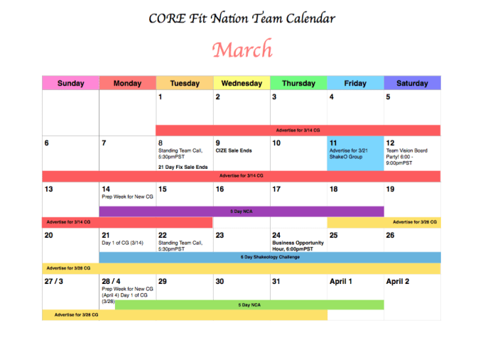 Create a color coded weekly or monthly calendar schedule by