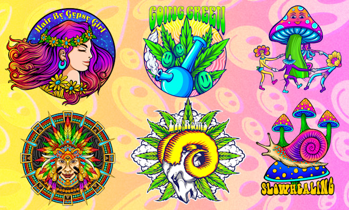do hand drawn trippy psychedelic hippie logo sticker patch