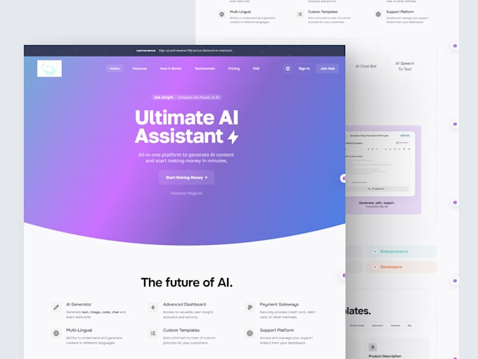create custom ai website, ai saas product, ai api integration, ai agent