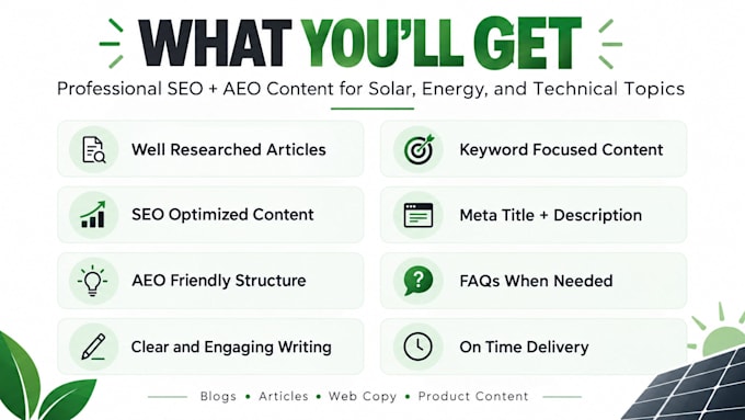 write SEO and a solar energy articles and blog posts