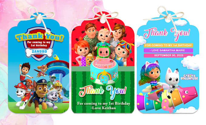 design birthday gift tags, thank you cards and buntings