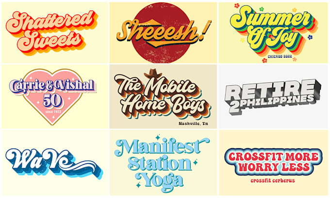 design 70s retro, hippie, psychedelic, funky font typography logo
