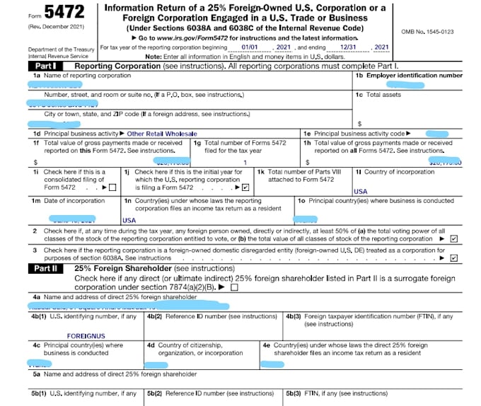 prepare foreign owned llc tax forms 5472 and 1040nr
