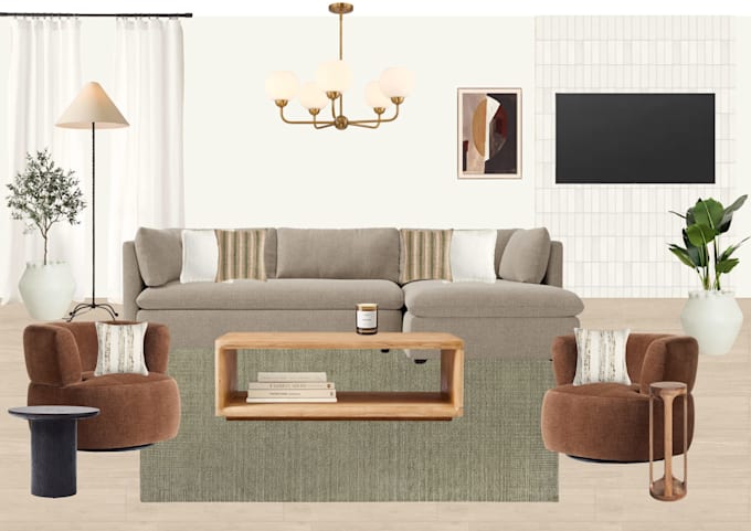 create interior mood board, 2d floor plan, shopping list