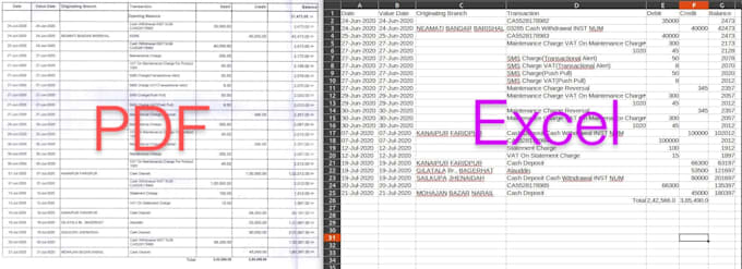 extract data from bank statement pdf to  excel using ocr
