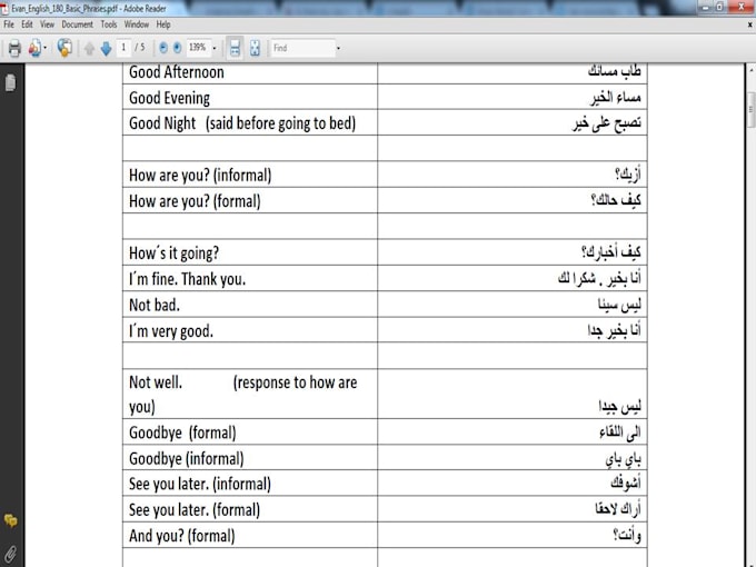 translate from english to arabic standard and vernacular