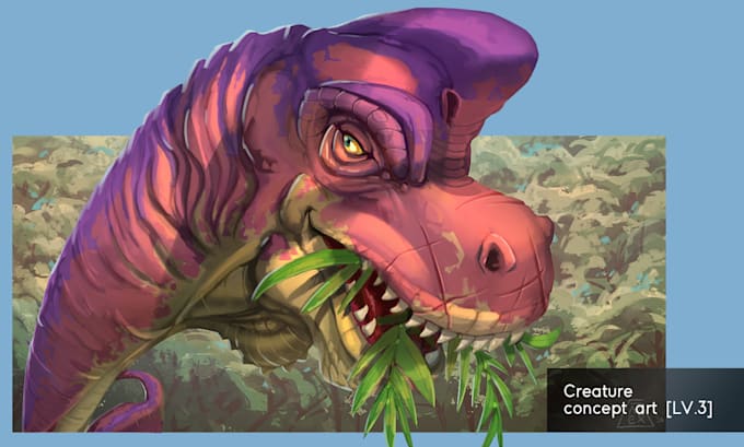 illustrate dinosaur, creature and dragon in digital painting, no ai