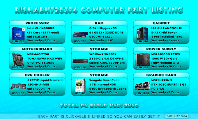 list custom PC build components parts according your need